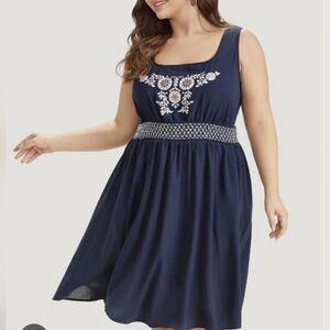 Navy Embroidered Sleeveless A-Line Dress